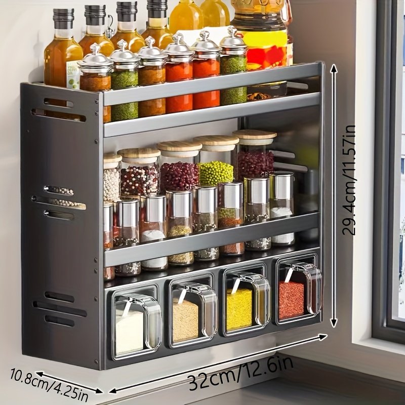 Estante de especias de cocina, organizador de almacenamiento montado en la pared para uso doméstico, juego de contenedores de condimentos multifuncional, no requiere perforación: Negro