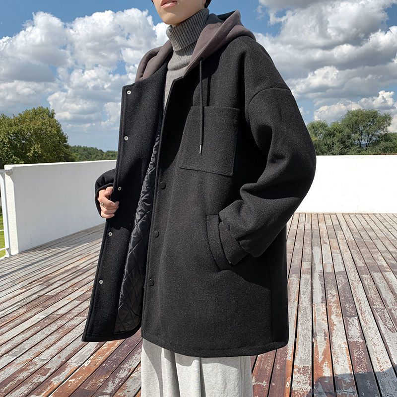 Hong Kong style handsome unisex mid-length windbreaker Hooded woolen coat men winter clothe thick loose casual jacket
