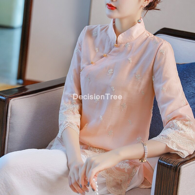 Vêtements chinois pour femmes, qipao chemise tangzhuang broderie cheongsam tops oriental hanfu, vêtements d&#39;extérieur de style chinois, 2022: M