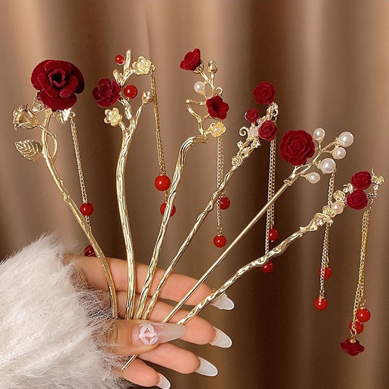 Röd ros tofs hårspinnar kvinnor antik pärla hårnål kvinnlig hårgaffel panna hår ätpinnar huvudbonad alla hjärtans dag