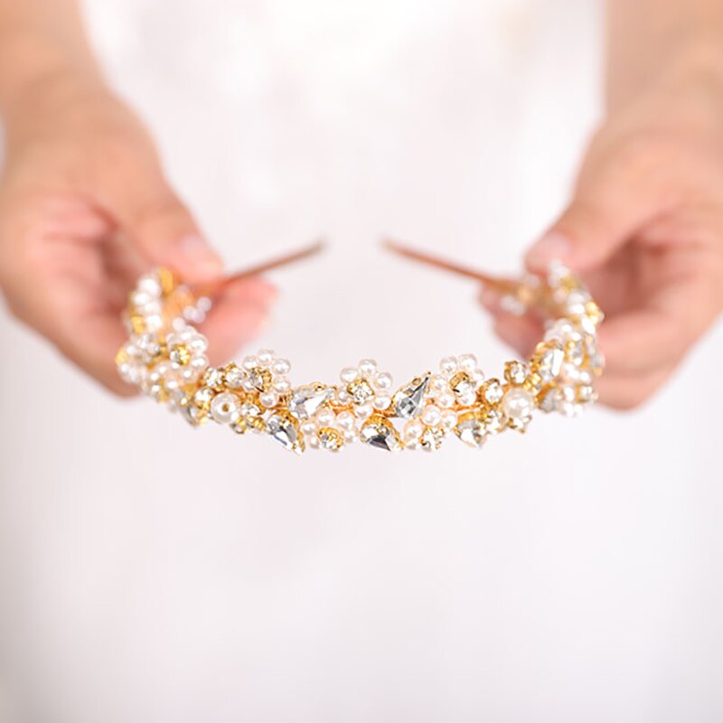 Glimmende gouden bruidshaarband en oorbellen, strass-hoofddeksels, kristallen bruidskroonkapsels, bruidshaaraccessoires voor vrouwen