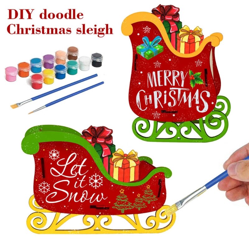 DIY Christmas Sleigh Decoration Kit with Paints Brushes Wooden Art Craft for Kid 77UD
