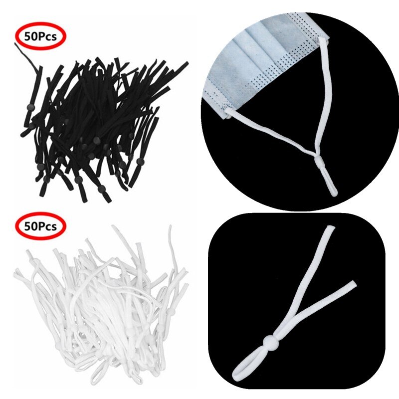 50 Flat Elastic Cord Lock Adjustable Buckle Stretchy Ear Loop Silicone Toggles Bands Anti Slip Ear Strap Rope for DIY Face Cover