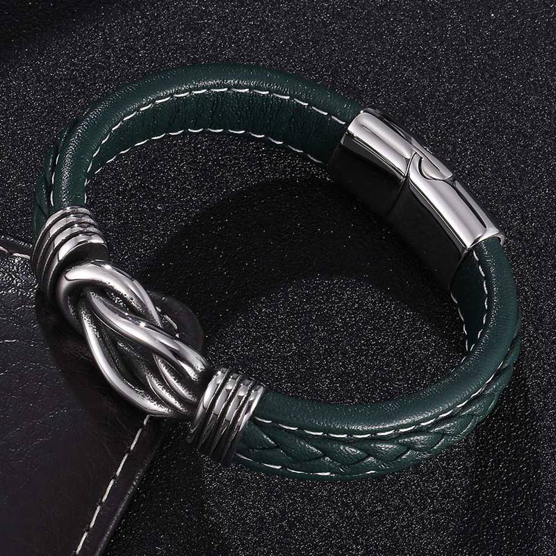 Punk Jewelry Men Green Leather Bracelet Irregular Winding Graphic Stainless Steel Magnet Clasp Male Wristband Man SP0770