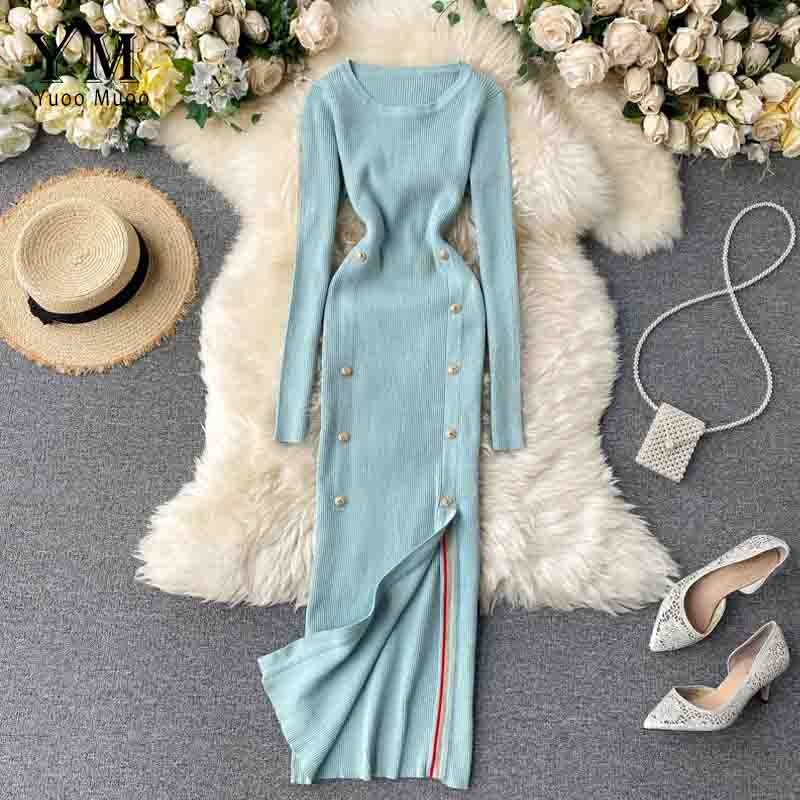 Yuoomuoo Elegante Vintage Double-Breasted Office Dames Jurk Herfst Winter Gebreide Lange Jurk Vrouwelijke Split Bodycon Jurk: Sky Blue