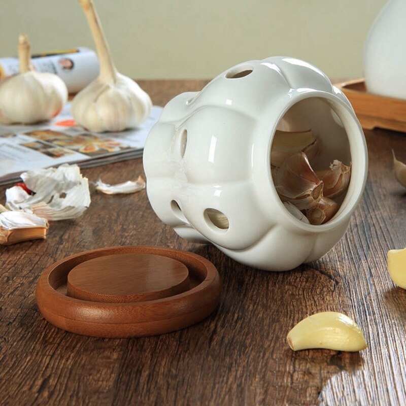 Keramische voorraadpotten knoflook gember pot bamboe deksel keuken organizer gereedschap woonaccessoires
