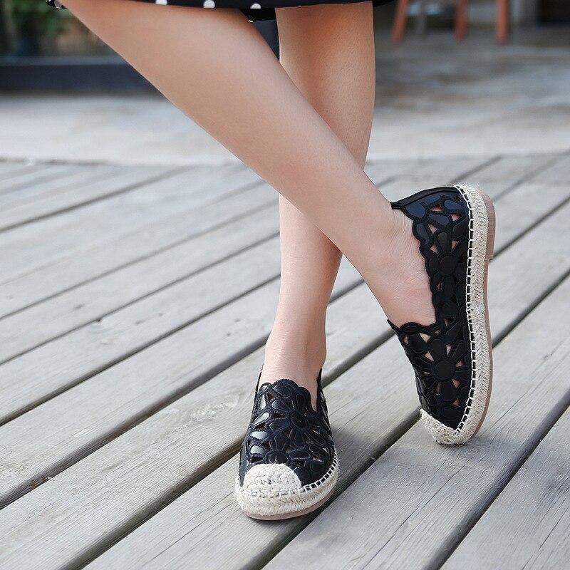 Holle bloem riet geweven vissersschoenen dames flats ondiepe naaien enkele schoenen herfst lui ademend instap antislip loafers