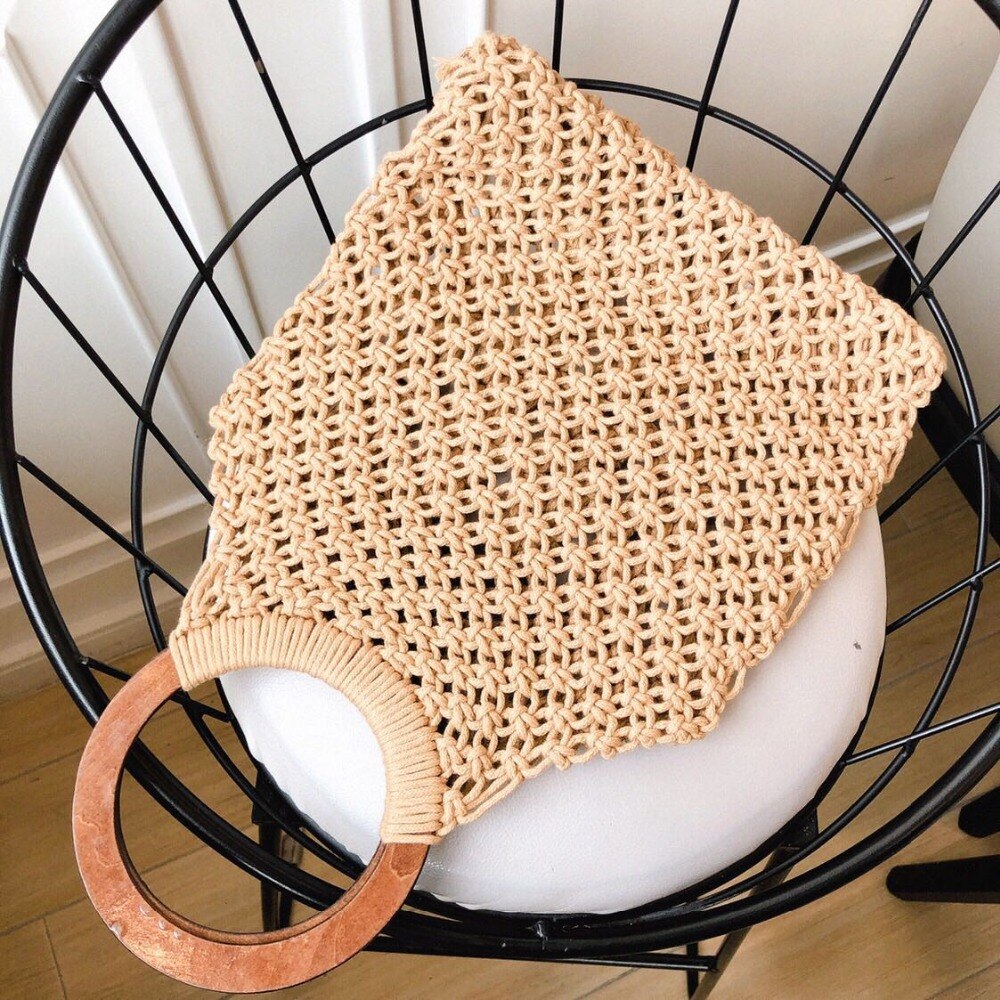 Lente en zomer geweven tas holle strandtas houten handvat ring stro handtas dames tote