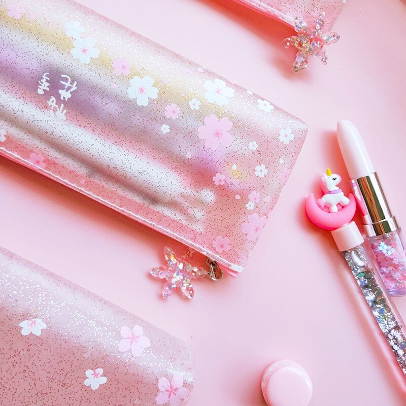 Sød lyserød glitrende matteret sakura blyant taske kawaii blyant tasker pose kontorartikler koreansk papirvarer arrangør