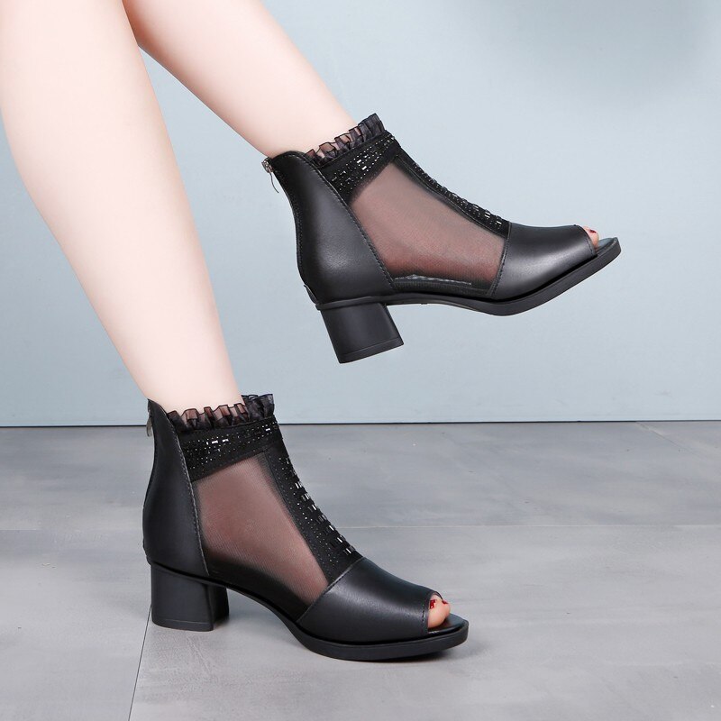 Gladiatorsandalen peep toe sandalen laarzen zomer mesh hoge hakken nette schoenen dames kant enkelband laarzen sandalen dames 8122n: B / 7.5