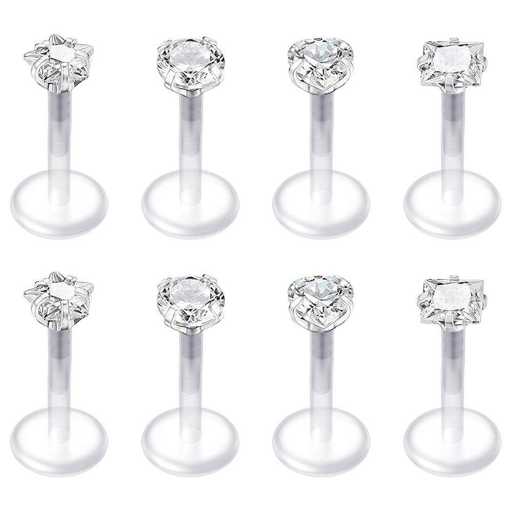 2pcs/8pcs 16G Clear Lip Rings Studs Plastic Labret Piercing Jewelry Push in Cartilage Earring Threadless Helix 6mm 8mm 10mm: black / Light Yellow Gold Color