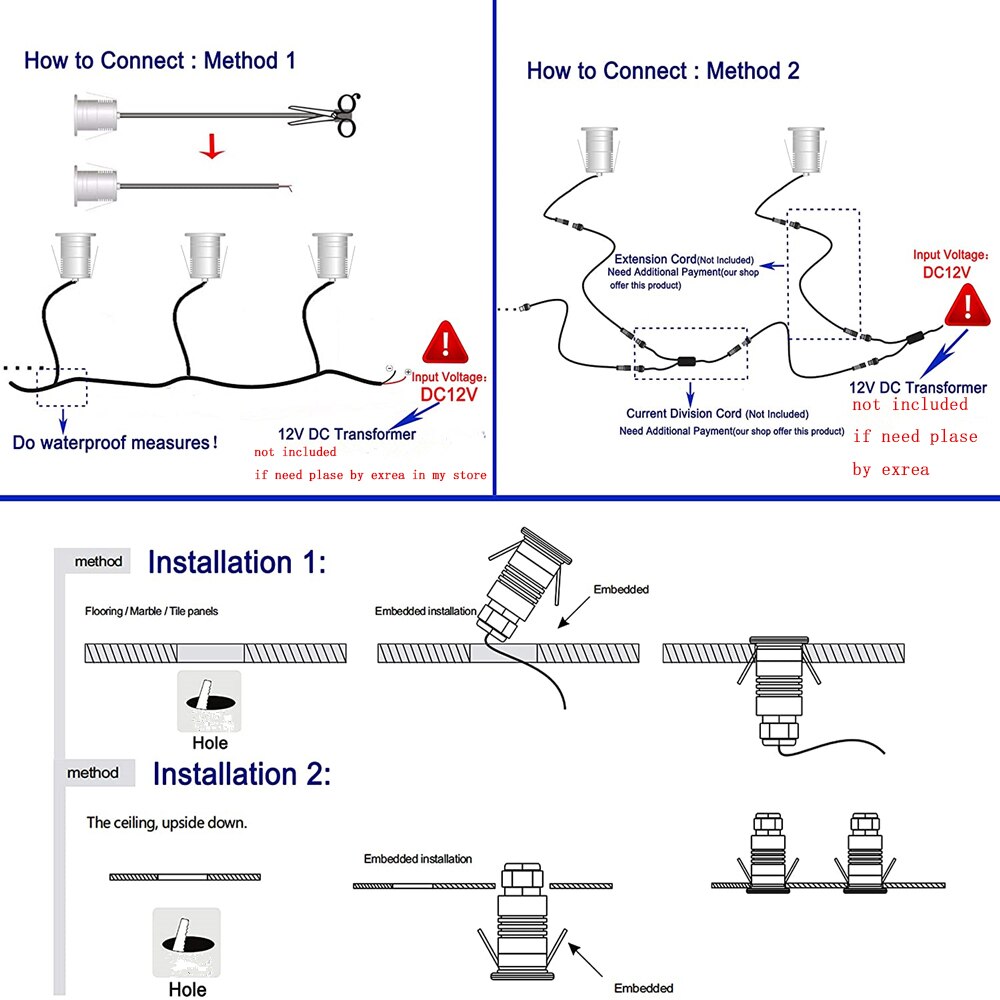 1W 3W LED Inderground Recessed Cutout 30mm Downlight Waterproof IP67 DV12V 24V Underground Outdoor Landscape Pathway Spotlight
