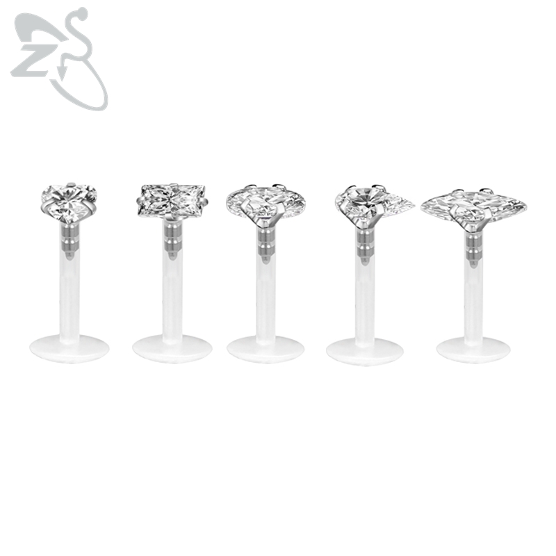 ZS 5 unids/lote 16G claro Bioflex labio Labret Piercing Set cristal Monroe labio Stud estrella corazón oreja Tragus hélice cartílago Piercings: Chapado en rodio