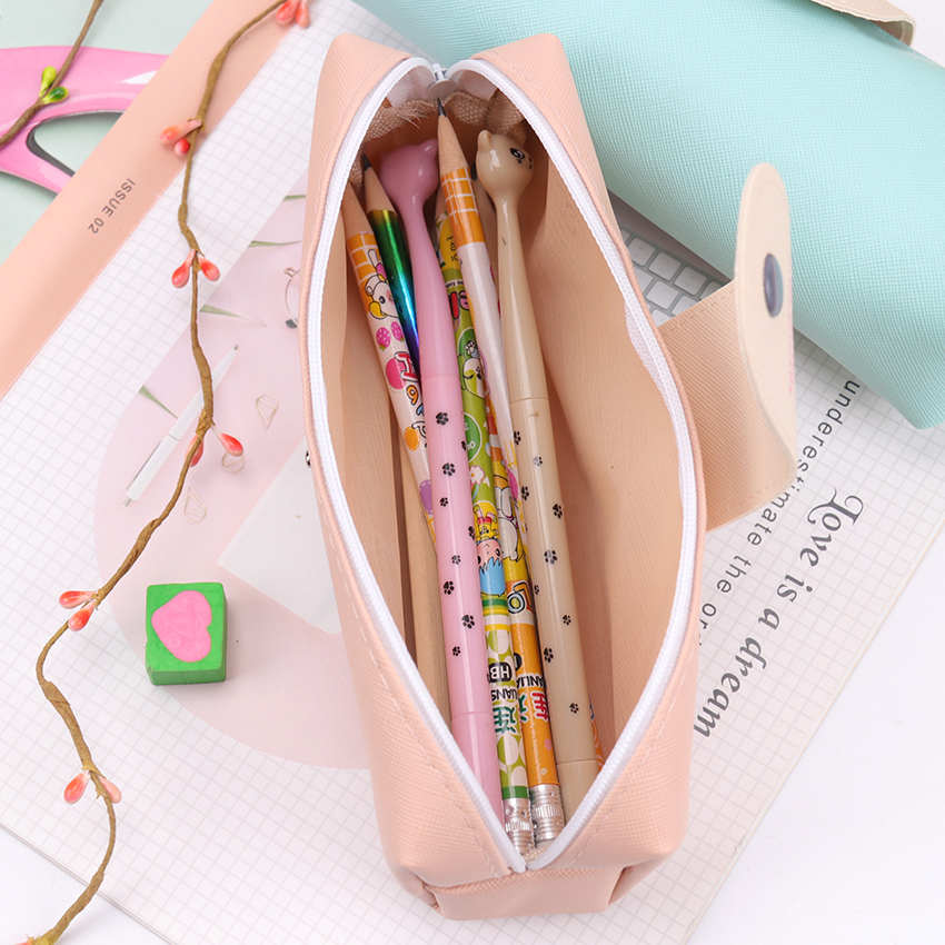 Estuche de lápices de Color de caramelo coreano, estuche Escolar impermeable de cuero Pu para niña, material de papelería Escolar, suministros escolares, 1 ud.