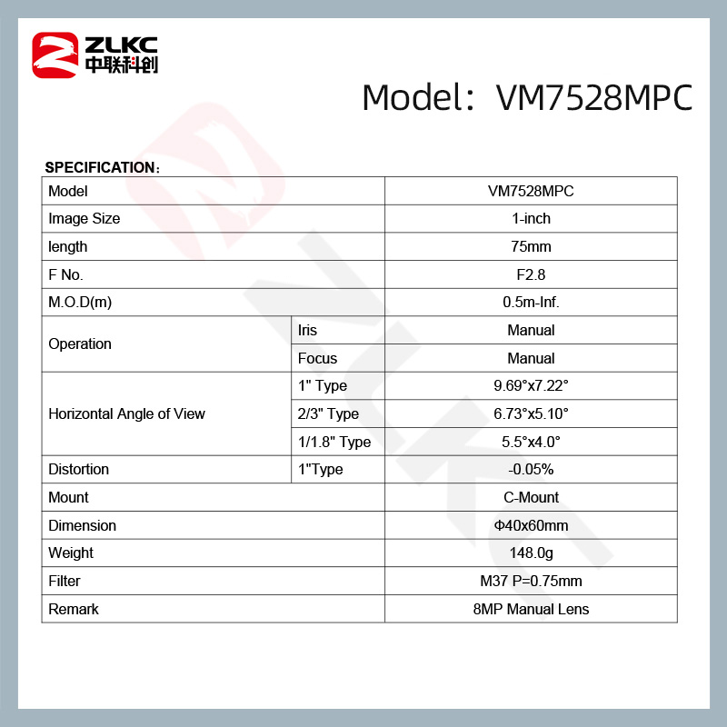 ZLKC 75mm c montiertes Objektiv 8mp fa 1 ''verzerrung armes cctv f2.5 hd 8Megapixel Bild verarbeitung shand objektiv für Industrie kameras
