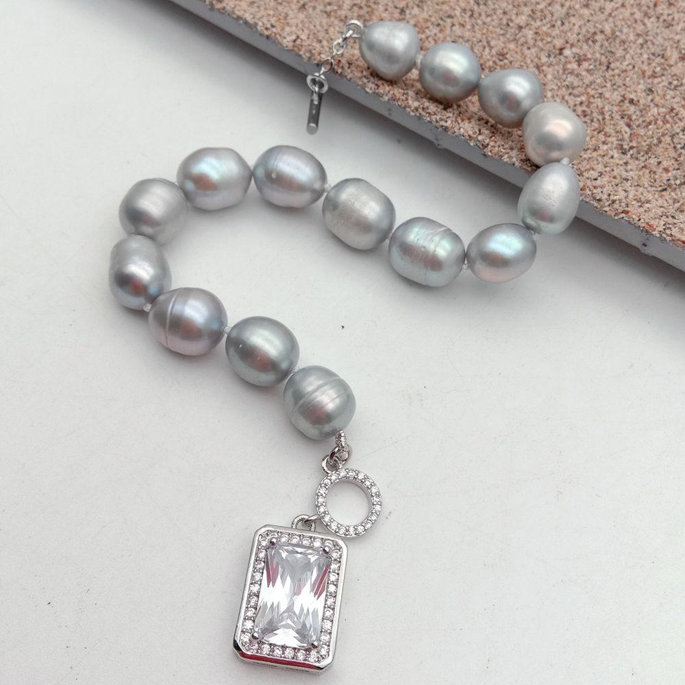 Y·YING 8'' natural Freshwater Gray Rice Pearl Bracelet rectangle Cubic Zirconia pave silver color plated Toggle Clasp classic