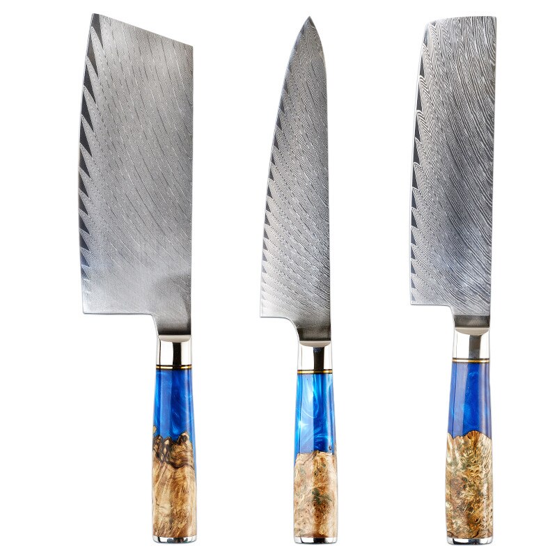 Kitchen Knives-Set Damascus Steel Chef Knife Cleaver Paring Slicing Knife Santoku Knife Blue Resin and Color Wood Handle 1-4set