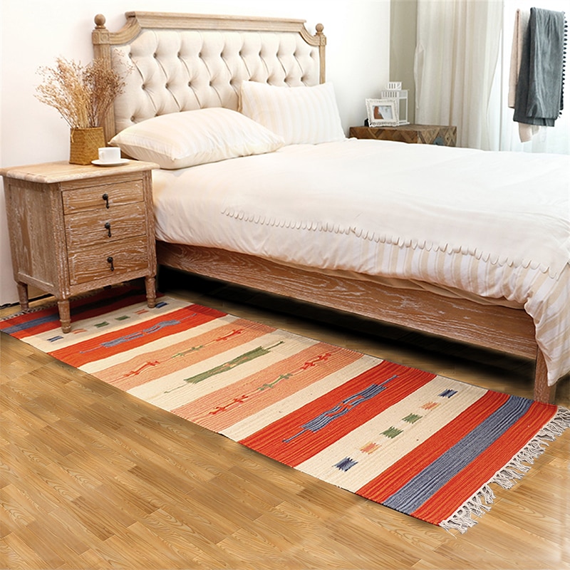 Hoge kleurrijke grote strepen tessel rand katoen gebied tapijt voor nachtkastje woonkamer tapetes para casa sala tapis salon