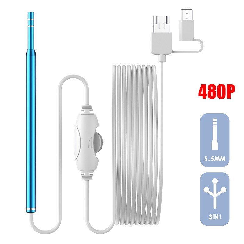 Ear Cleaning Endoscope Small 5.5mm 3 In1 Visual Ear Pick Cleaner Camera USB Ear Spoon Type C Ear Otoscope Borescope For Android: blue 480P