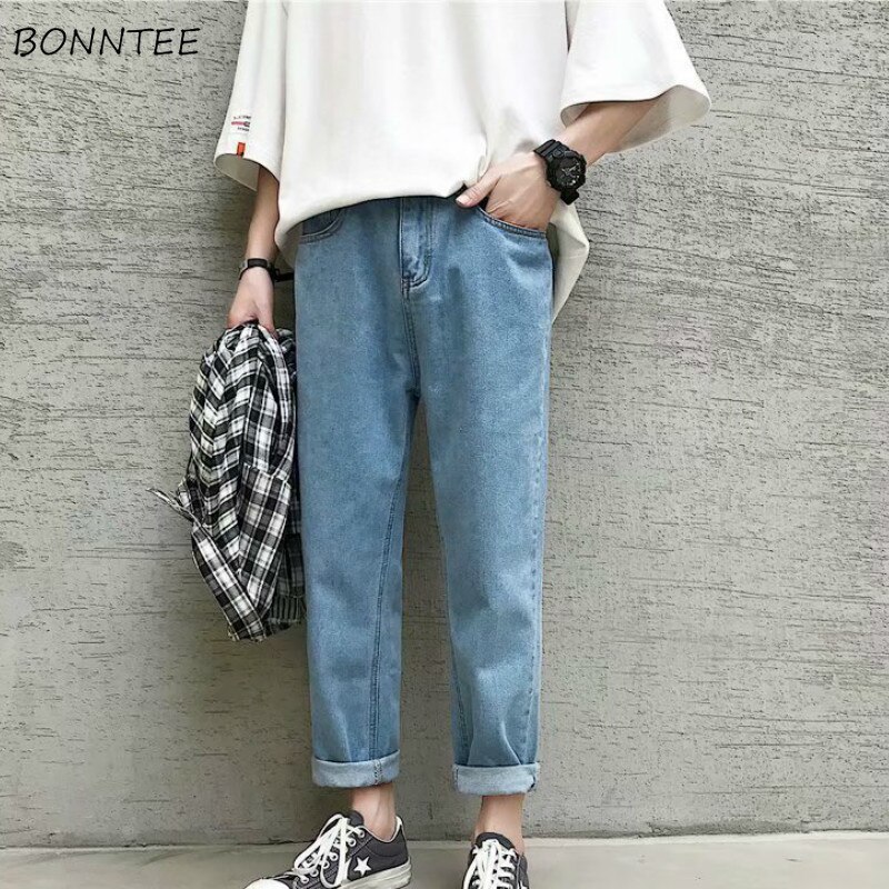 Raka jeans för män enkla solid ankellånga trendiga herrar all-match plus size 4xl fritid koreansk stil lös harajuku ulzzang