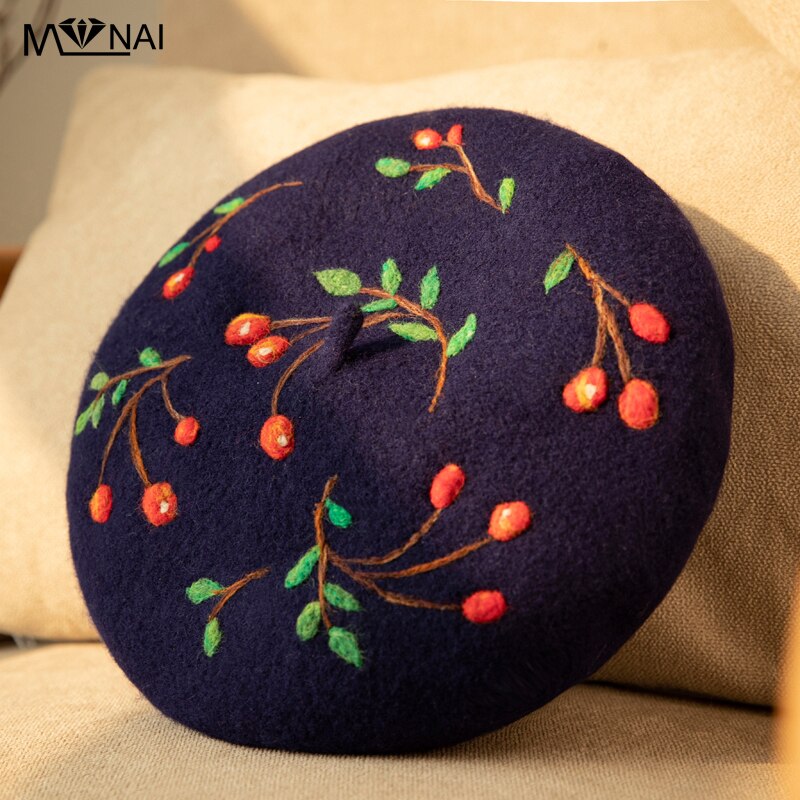 Hat Novelty Branches Pattern Artist Beret Cute Handmade Warm Wool Felt Autumn Winter Hats Party: Style 1