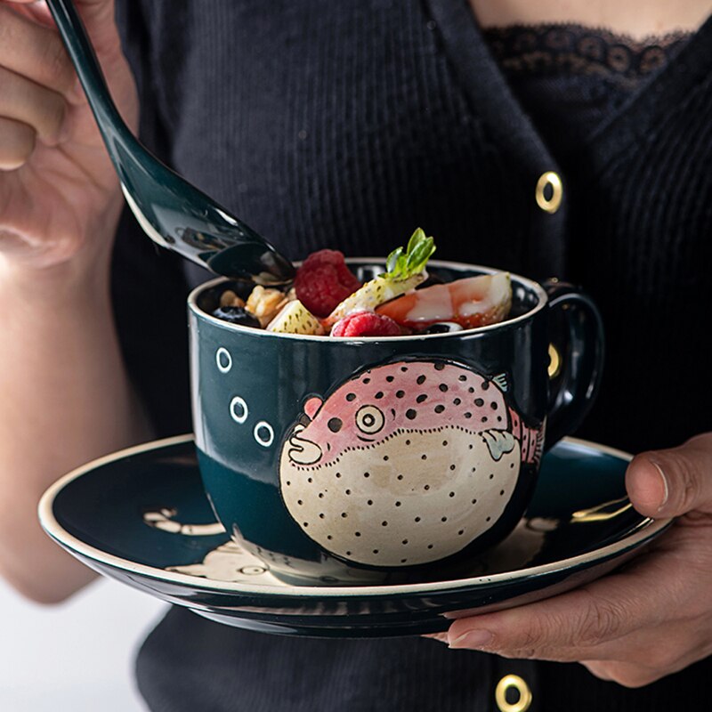 Taza y plato para desayuno de avena, juego de microondas de cerámica para el hogar, tazón de cereales y leche de gran capacidad
