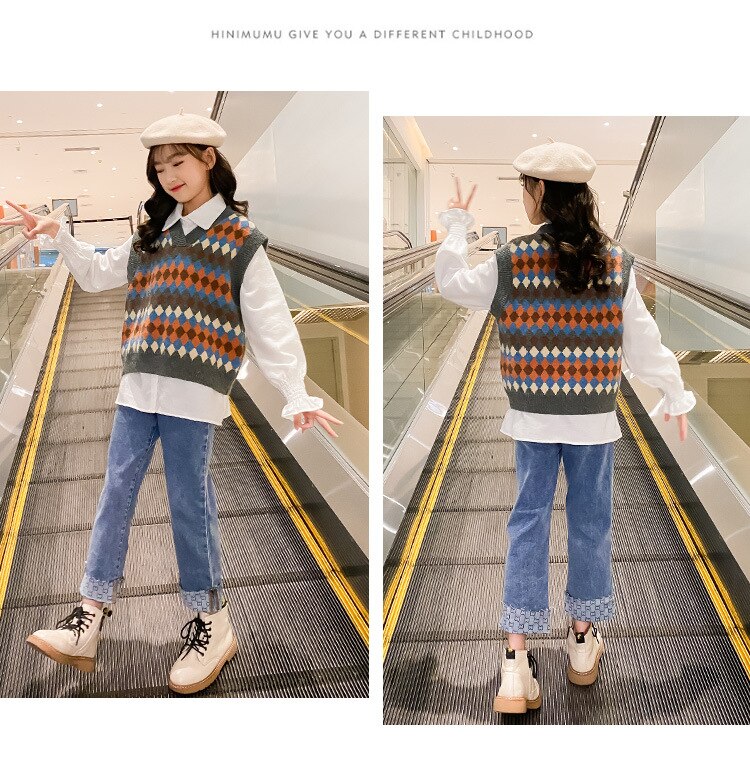 10 to 12 years Girls Argyle Sweater Vest Teen Girls Spring Autumn Tops