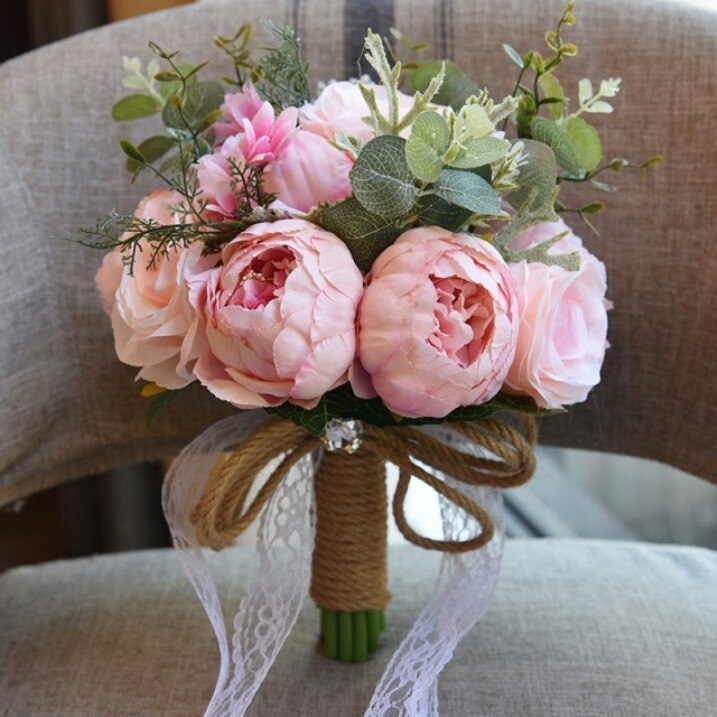 Brudebuket bryllupsbuket de mariage bryllupsbuketter kunstig rose bryllupsblomst buket de mariée ramo de novia: Lyserød