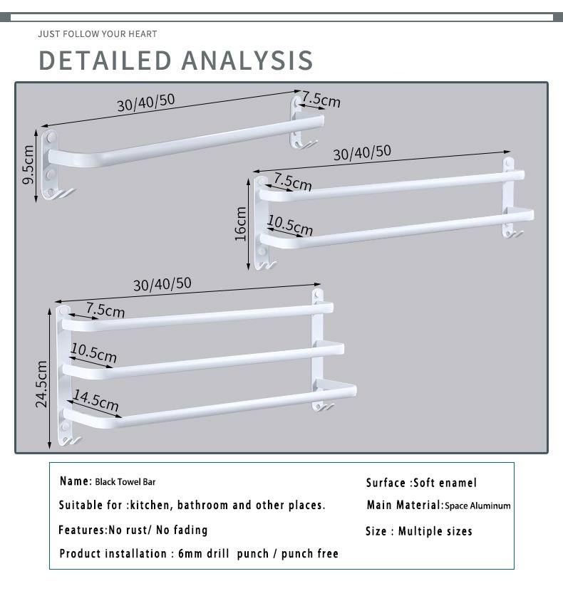 Towel Hanger Wall Mounted Towel Rack Bathroom Space Aluminum White Towel Bar Rail Matte White Towel Holder