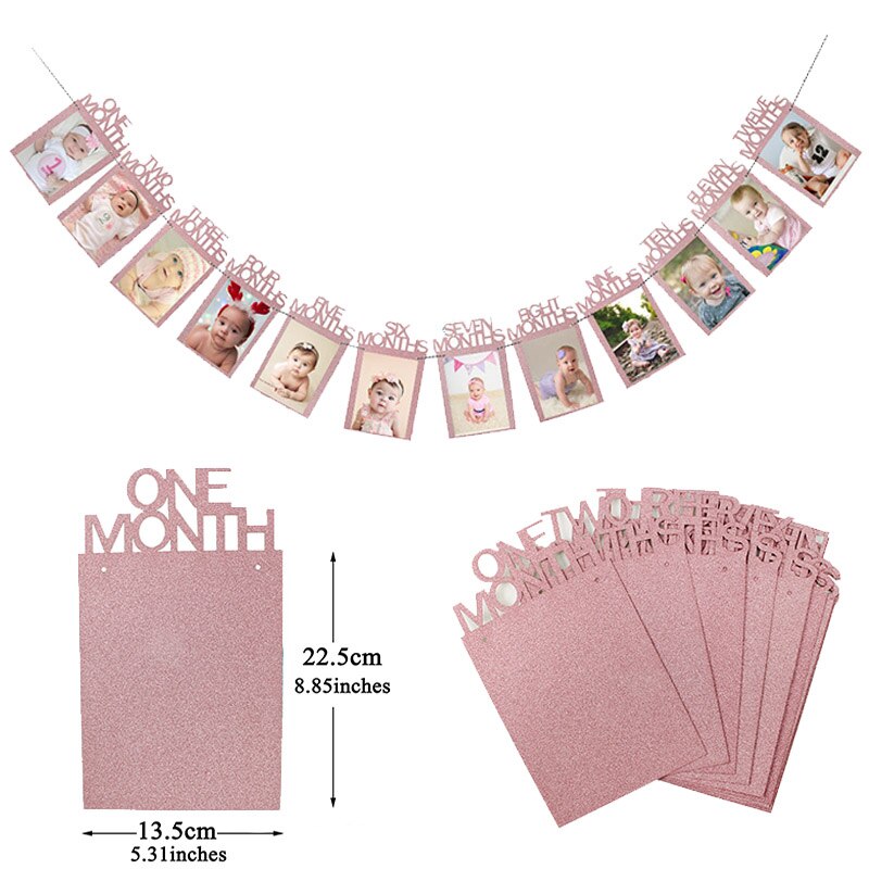 Happy Birthday Photo Frame Banner First Party Decorations 1st Baby Boy Girl My 1 One Year Paper Garland Supplies Blue 12 Months: pink 12 Months