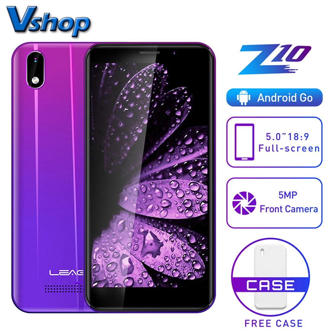 LEAGOO Z10 Android Mobile Phone 5.0" 18:9 Full Screen 1GB RAM 8GB ROM MT6580 Quad Core 2000mAh 5MP Camera Dual SIM 3G Smartphone