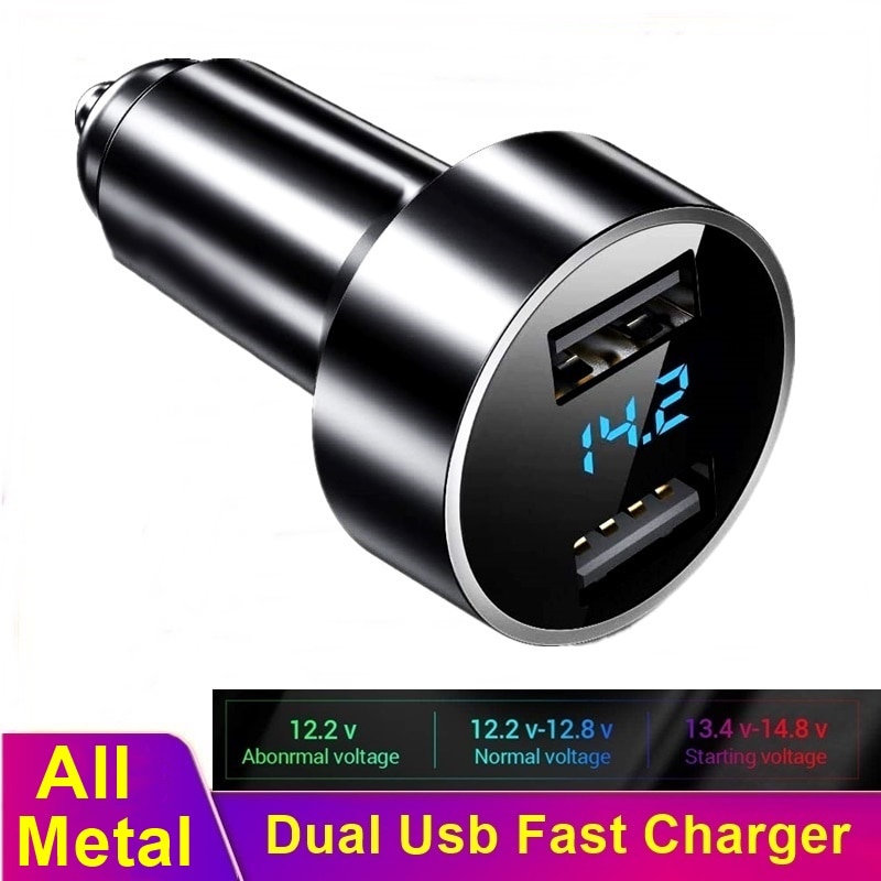 Tongdaytech Autolader Dual Usb 24W 4.8A Metalen Snelle Usb Charger Lcd Display Auto Opladen Adapter Voor Iphone samsung Xiaomi