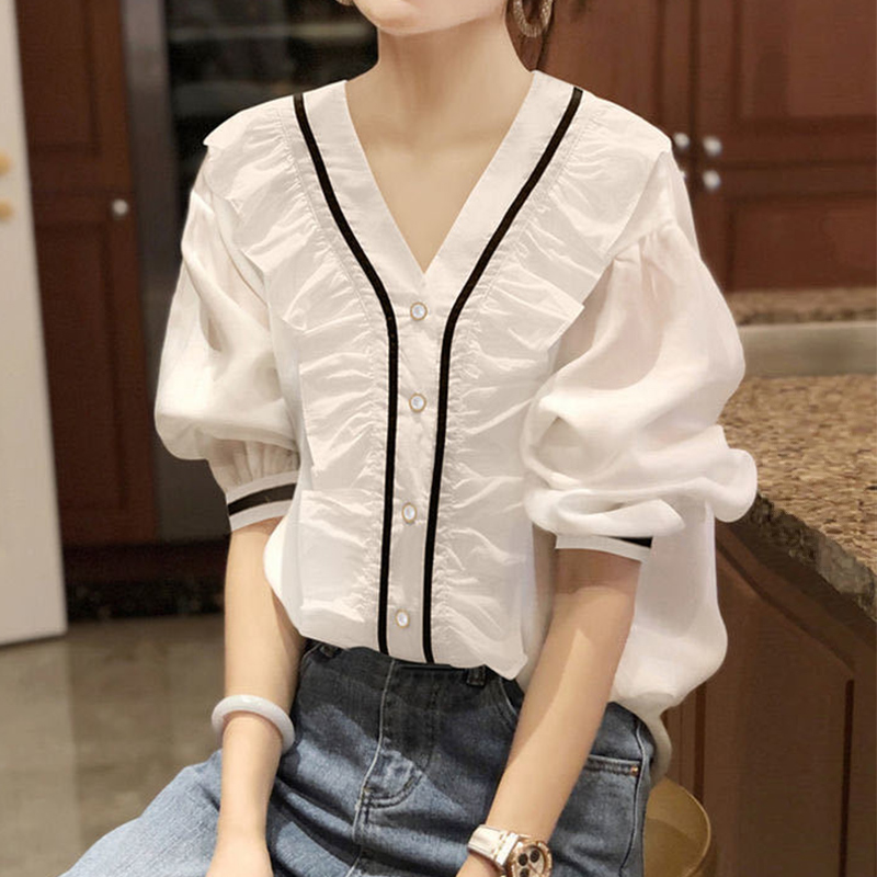 Blusa holgada de estilo coreano para mujer, camisa informal con cuello Diagonal, volantes, encaje, Patchwork, , primavera y verano, novedad