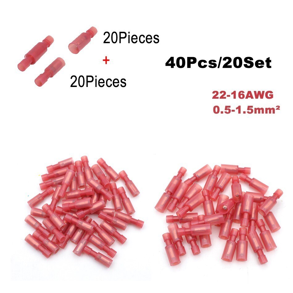 40Pieces 20Set Bullet Flag Wire electrical Connector Male Female Crimp Insulation Nylon Cable Terminals FRD MPD Car Terminator: NylonB RED 20SET