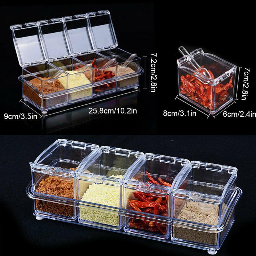 Four Grid Kitchen Seasoning Box Set Crystal Transparent Gadget Salt Kitche Seasoning Seasoning Spoon Sugar Jar Box S9I8