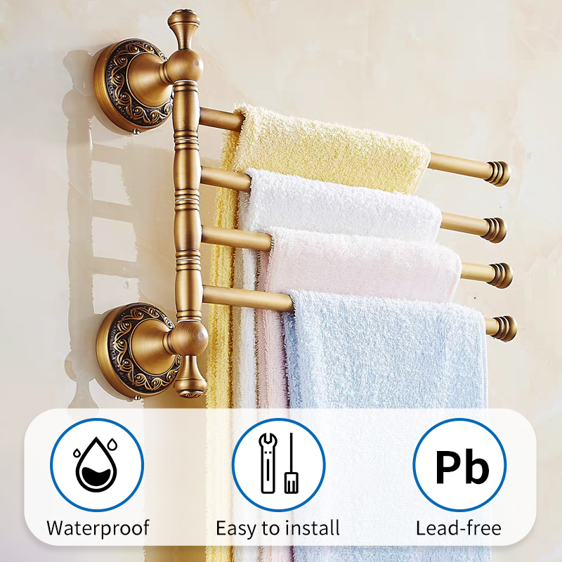 Antique Brass Movable Towel Bar for Bathroom, Kitchen Bath Towel Holder Hangers Wall Mount Heavy Duty 8024DH-4