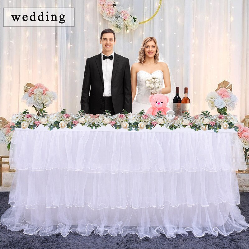 6/9ft Tulle Tutu Table Skirt for Wedding Party Table Decorations 3 Tier Table Skirts Baby Shower Birthday Gender Reveal Decor: 9ft / White