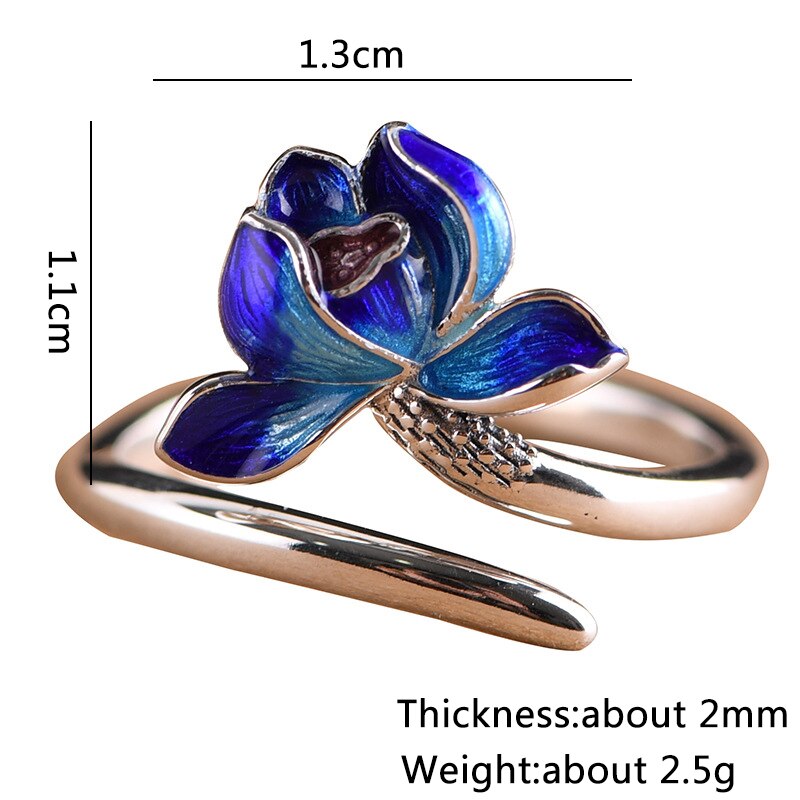 V.YA 925 Sterling Silver Lotus Anelli Aperti per le Donne Smaltatura Anello di Barretta Del Fiore di Modo Del Partito Dei Monili di Stile