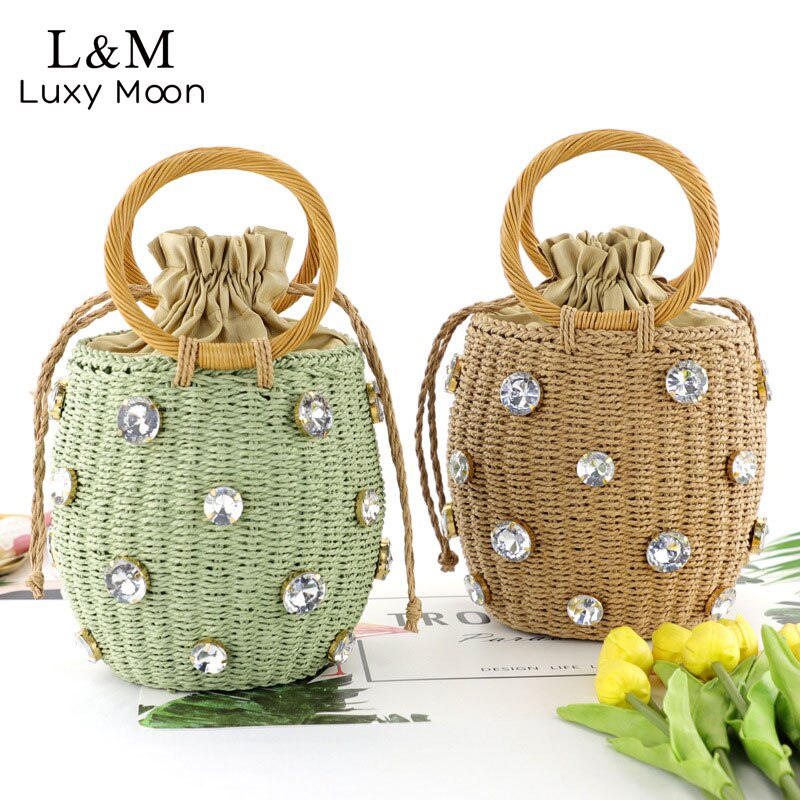 runde Rattan Strand Tasche Handgemachte Strass Kristall Stroh Tasche Kleine Stroh Eimer Taschen Dame Reise Geldbörsen und Handtaschen X809H