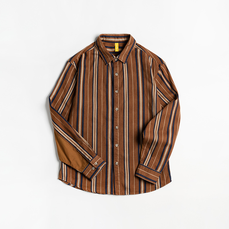 Camisas De algodón De manga larga con botones para Hombre, Camisas De rayas verticales verdes Vintage, Tops, ropa De calle coreana: Brown / M