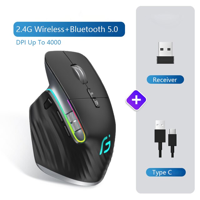 Type C Wireless Mouse Rechargeable Bluetooth Silent Ergonomic Computer 5 Speed DPI For Tablet Macbook Air Laptop Gaming Office: Dual mode black