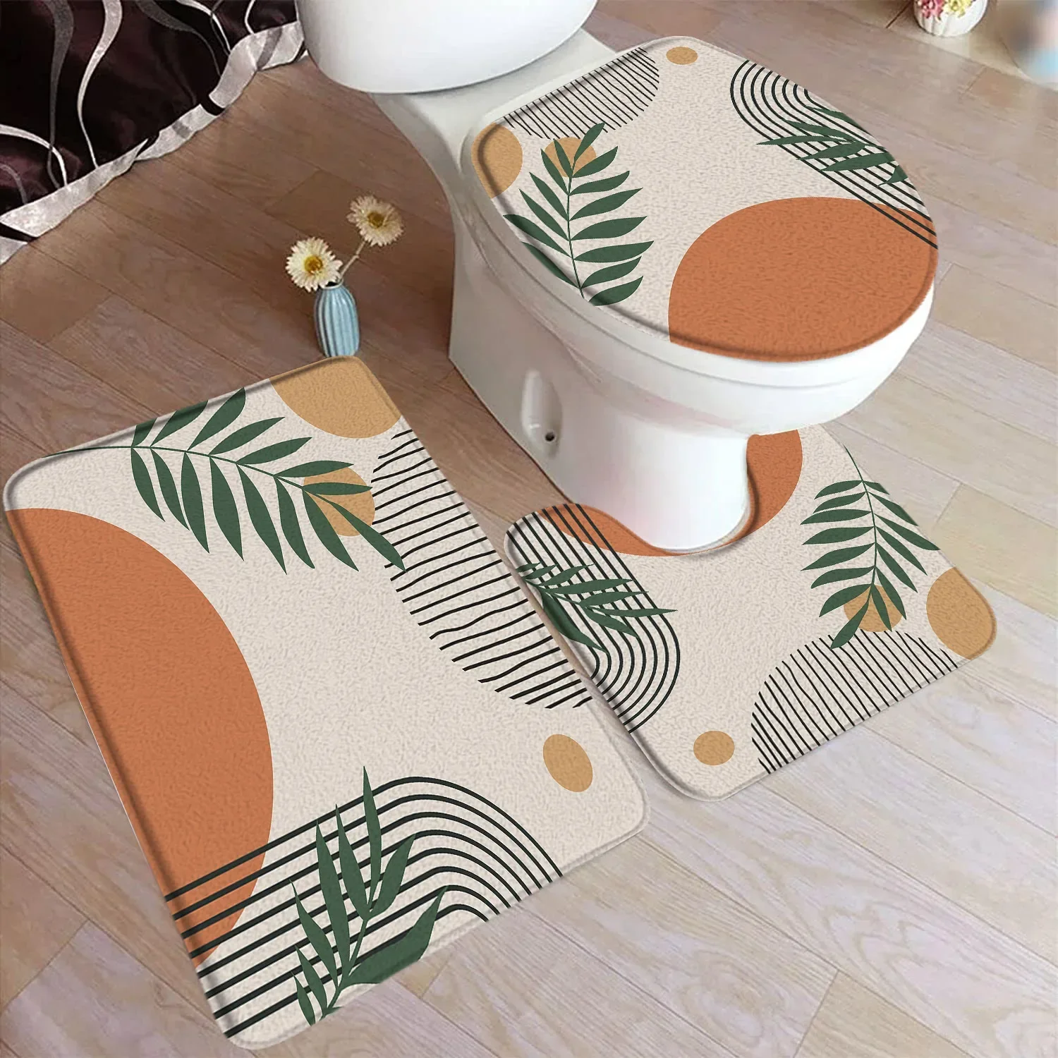 Abstrakt bademattesett fra midten av århundret svart linje grønt blad moderne geometrisk boho hjem teppe baderomsinnredning gulvtepper toaletttrekk: Svart