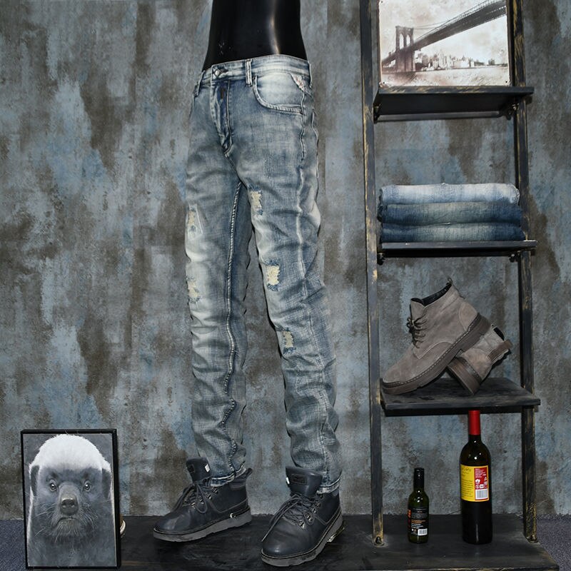 Vaqueros rasgados estilo europeo y americano para hombre, jeans informales elásticos ajustados nostálgicos