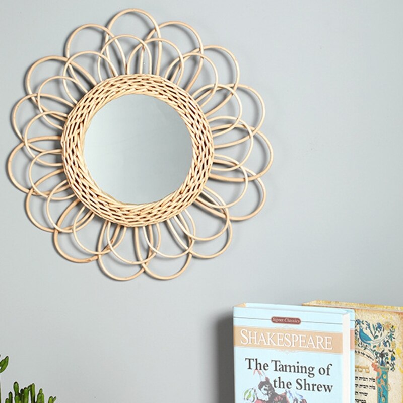 Sun Shape Decorative Mirror Rattan Innovative Art Decoration Round Makeup Mirror Dressing Bathroom Wall Hanging Mirror