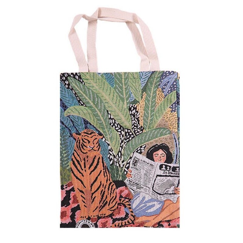 Reusable Einkaufstasche Jacquard Leinwand Einkaufstasche Große Folding Tote Unisex Jacquard Tiger und Lesen Mädchen Leinwand Tote Tasche