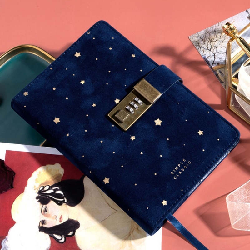 B6 Suede Travel Notebook with Combination Lock Password Star Agenda Diary Journal Notepad Business Stationery