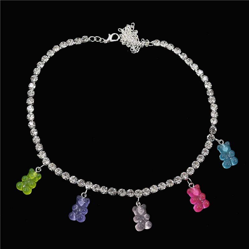 Multicolor Transparent Acrylic Bear Necklace Cute Candy Color Resin Gummy Bear Rhinestone Pendant Necklace Women Jewelry: 12