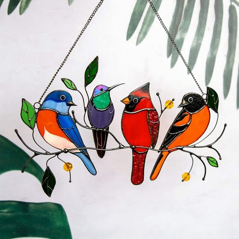 2PCS Birds Stained Glass Window Hangings, Birds on Wire, Stained Glass Birds Window Hangings Large Panel, Suncatcher