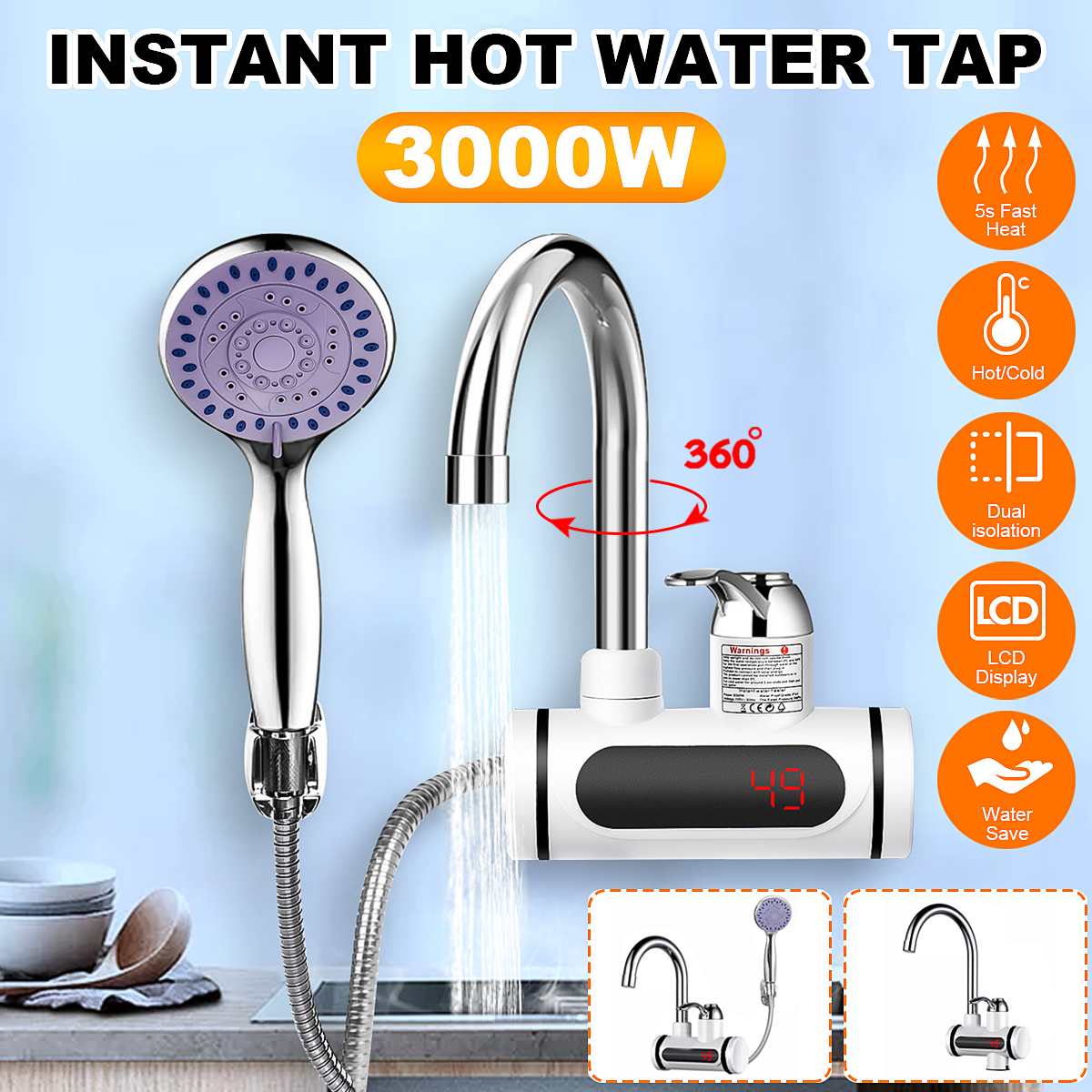 3000W 220V Instant Electric Faucet Tap Water Heater Stainless Steel Under Inflow LED Display Water Heater+Shower
