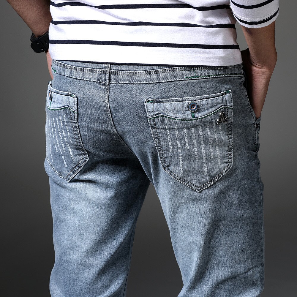 Jeans Men Classic Elasticity Skinny Jeans Business Casual Male Denim Slim Pants Style Gray Blue Jean Trousers Plus Size